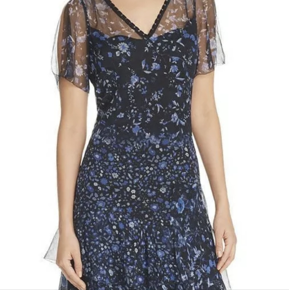 ELIE TAHARI 'Marceline' ~ Navy Floral Silk Ruffle Hem Party Dress 2